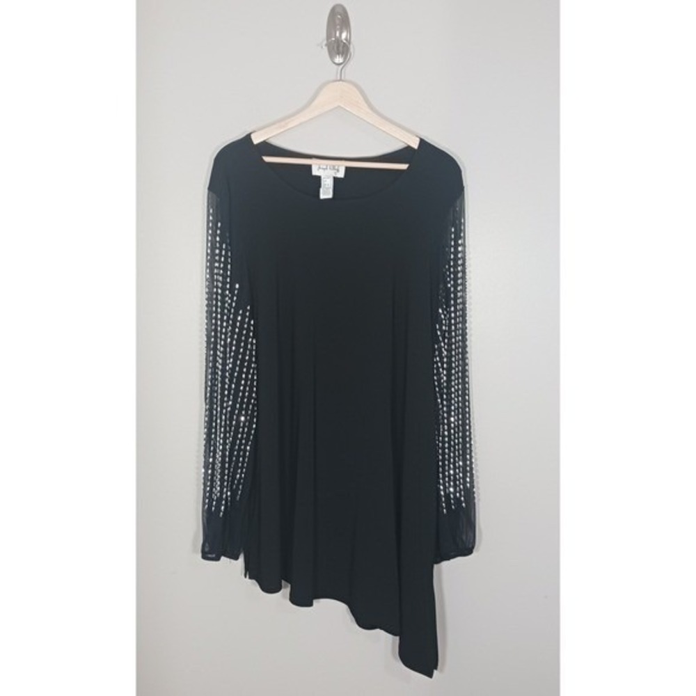 Joseph Ribkoff Black Beaded Tunic Top Sheer Sleeve Asymmetrical Plus Size 22 New